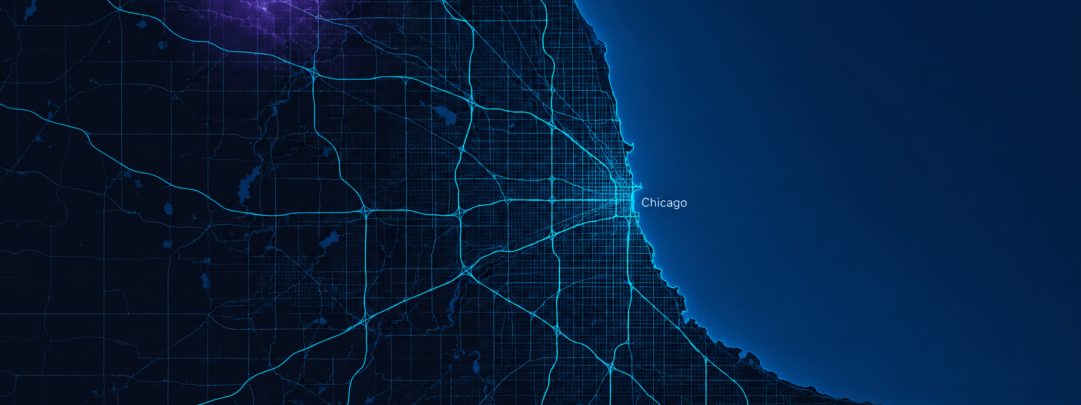 Stylized dark map of the Chicago area and the Lake Michigan shoreline, with a soft purple glow over the northwest suburbs